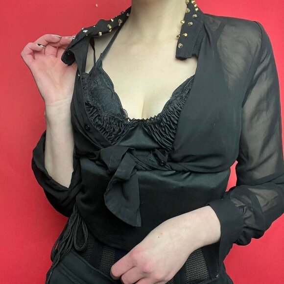 Stella tweed / Sheer black button up blouse with studded accents ๐ค๐โโโโโ - Picture 2 of 6